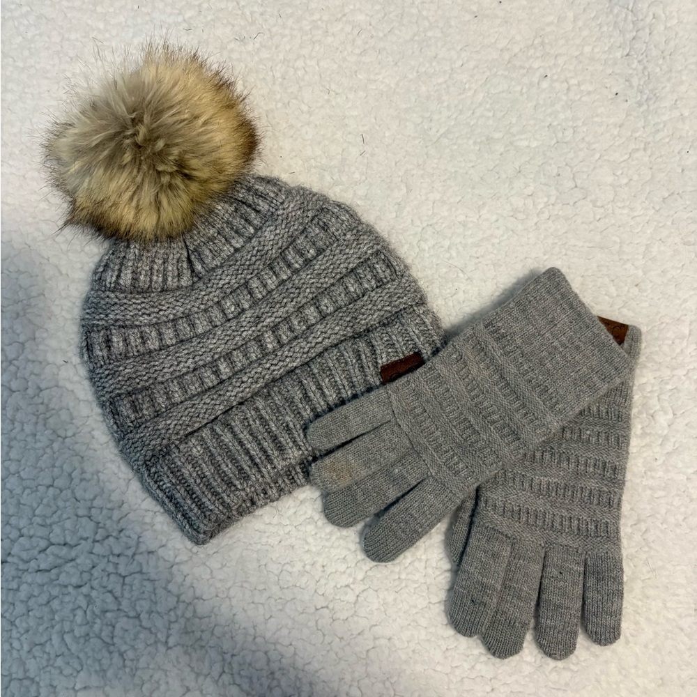 C.C Heather Gray Knit Beanie with Pom and Matching Gloves